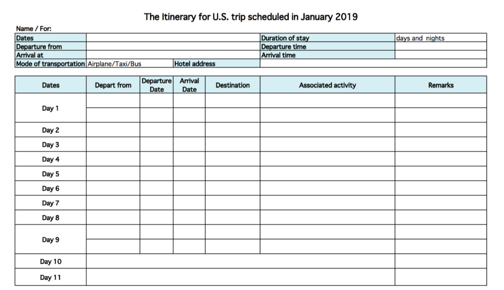 アメリカの観光ビザ B2 申請で使える予定表のテンプレート The Itinerary For U S Trip 豊中市の姿勢矯正 改善整体nako腰痛研究所